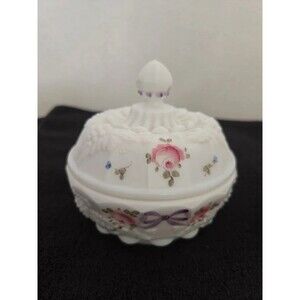 Westmoreland Milk Glass Paneled Grape Hand Painted Candy Dish Vanity Powder Box